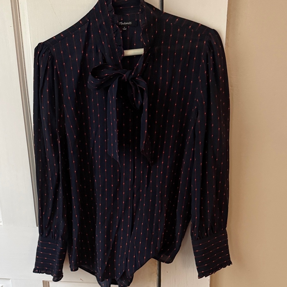 Madewell Navy Blouse with Red Dot Stripes